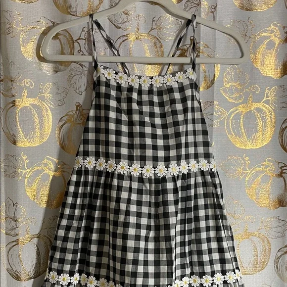 slim fit dress slacks White, Gold, & Black Plaid Fuzzy Chore Dress with Flutter Sleeve - M